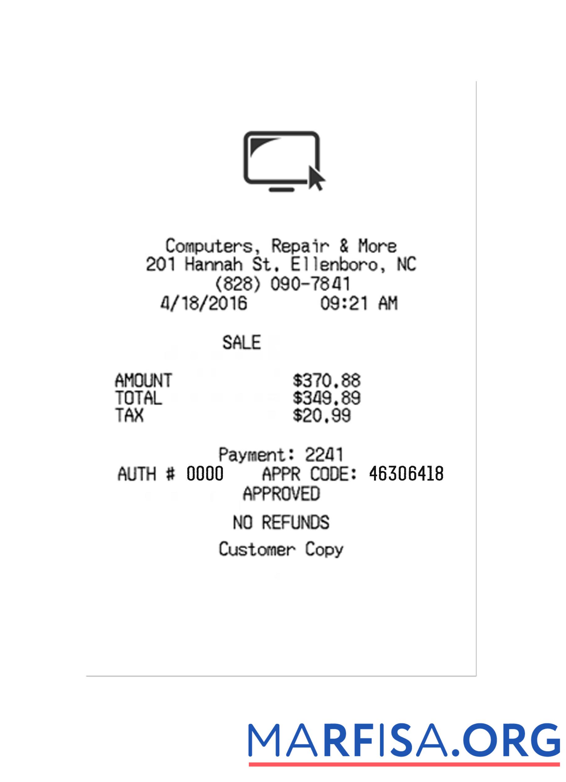 Blank COMPUTERS,REPAIR & MORE payment receipt example